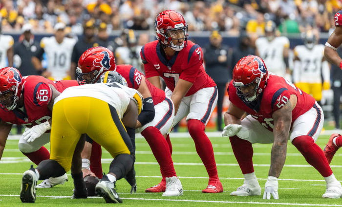Houston Texans quarterback C.J. Stroud (7) lines up under center against the Pittsburgh Steelers in the first half at NRG Stadium Sunday.
